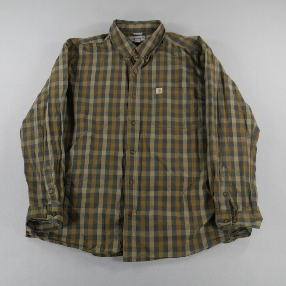 Carhartt Mens 2XL Relaxed Fit Long Sleeve Green/Brown/Gray Plaid Pocket Workwear